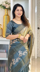 SOFT TUSSAR SILK SAREE WITH BEAUTIFUL PRINT WITH ATTRACTIVE PALLU AND CONTRAST PALLU  WITH TASSAL