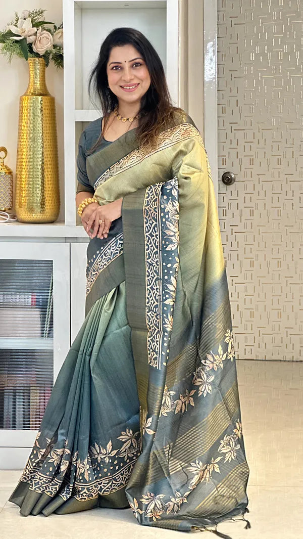 SOFT TUSSAR SILK SAREE WITH BEAUTIFUL PRINT WITH ATTRACTIVE PALLU AND CONTRAST PALLU  WITH TASSAL