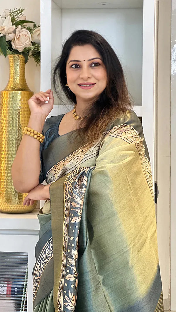 SOFT TUSSAR SILK SAREE WITH BEAUTIFUL PRINT WITH ATTRACTIVE PALLU AND CONTRAST PALLU  WITH TASSAL