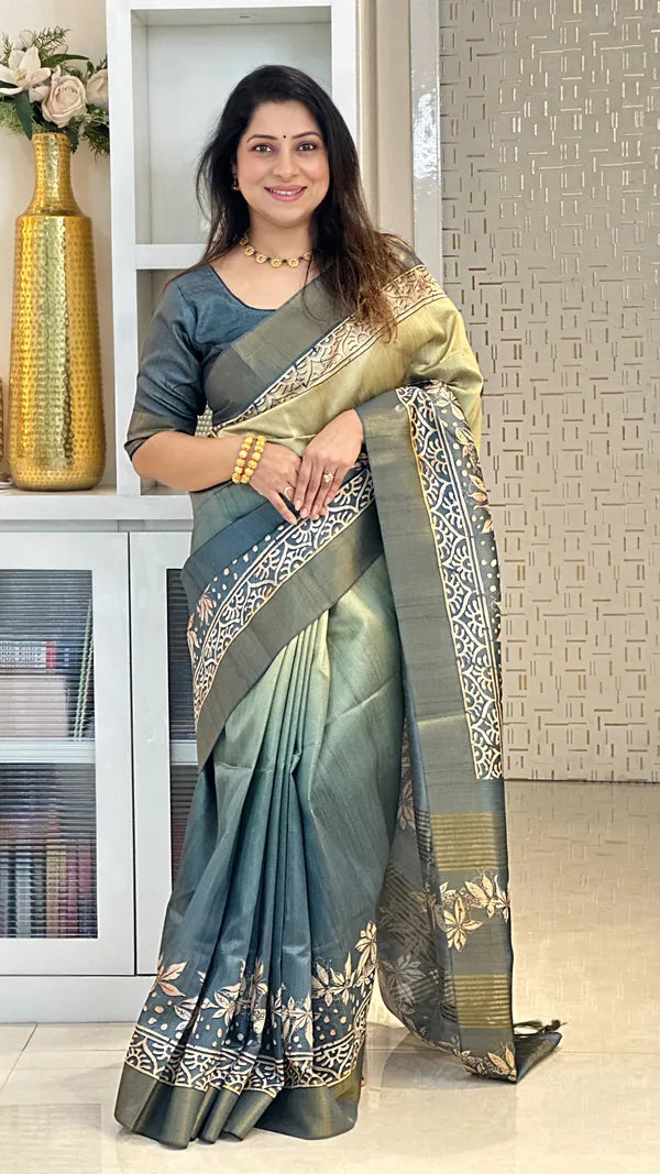 SOFT TUSSAR SILK SAREE WITH BEAUTIFUL PRINT WITH ATTRACTIVE PALLU AND CONTRAST PALLU  WITH TASSAL