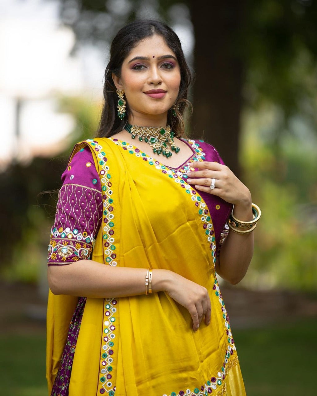 Purple Lehenga Choli With Mirror Work And Attached Yellow Dupatta