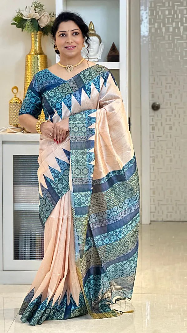 SOFT TUSSAR SILK SAREE WITH BEAUTIFUL PRINT WITH ATTRACTIVE PALLU AND CONTRAST PALLU  WITH TASSAL