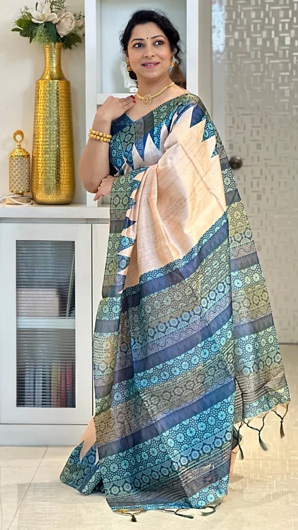 SOFT TUSSAR SILK SAREE WITH BEAUTIFUL PRINT WITH ATTRACTIVE PALLU AND CONTRAST PALLU  WITH TASSAL