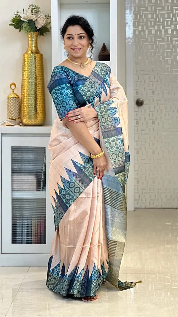 SOFT TUSSAR SILK SAREE WITH BEAUTIFUL PRINT WITH ATTRACTIVE PALLU AND CONTRAST PALLU  WITH TASSAL