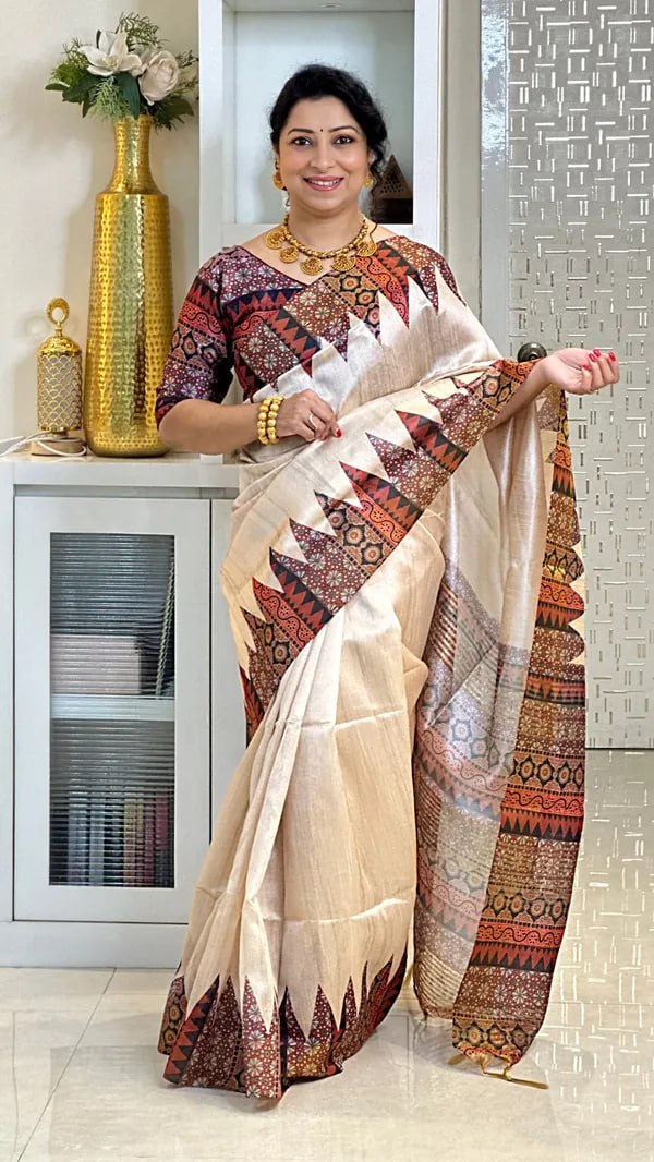 SOFT TUSSAR SILK SAREE WITH BEAUTIFUL PRINT WITH ATTRACTIVE PALLU AND CONTRAST PALLU  WITH TASSAL
