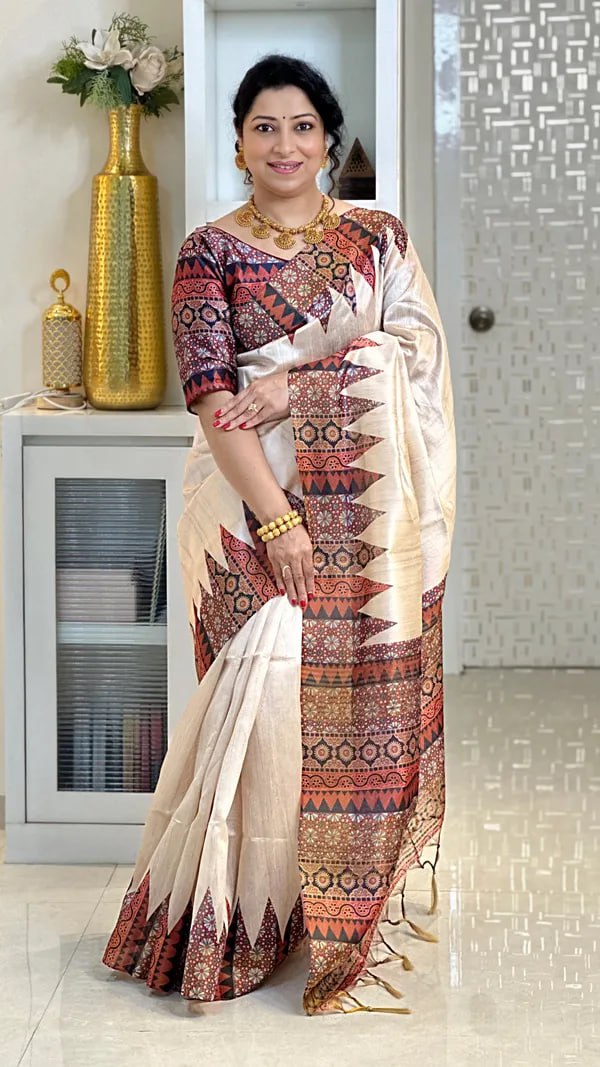 SOFT TUSSAR SILK SAREE WITH BEAUTIFUL PRINT WITH ATTRACTIVE PALLU AND CONTRAST PALLU  WITH TASSAL