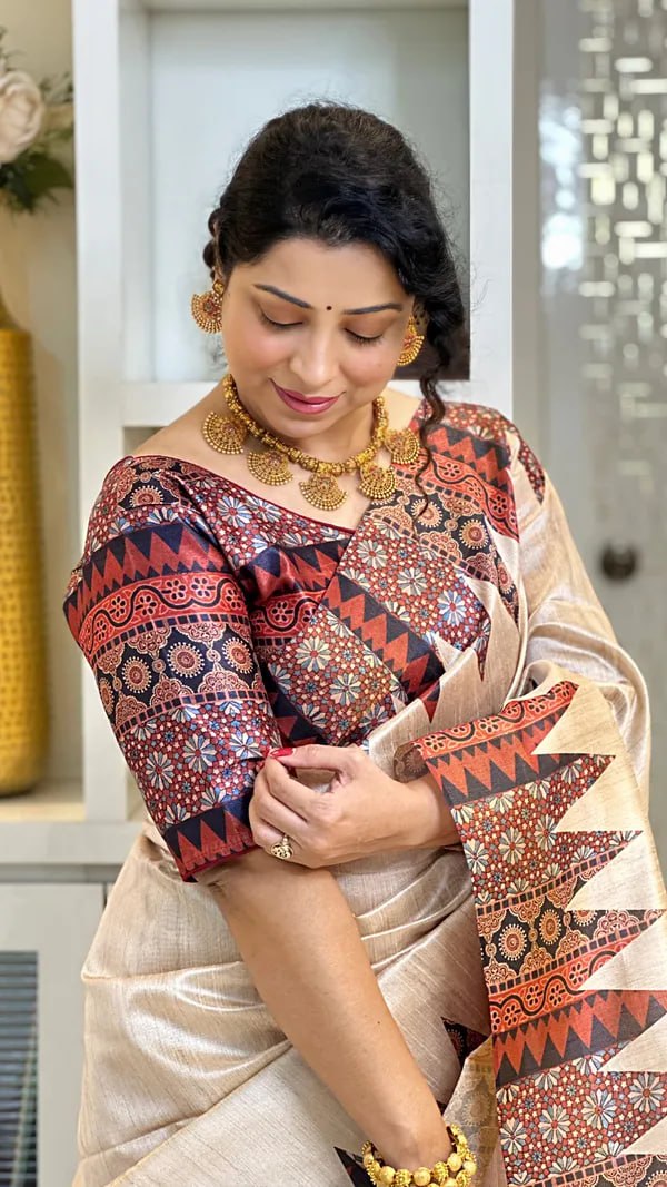 SOFT TUSSAR SILK SAREE WITH BEAUTIFUL PRINT WITH ATTRACTIVE PALLU AND CONTRAST PALLU  WITH TASSAL