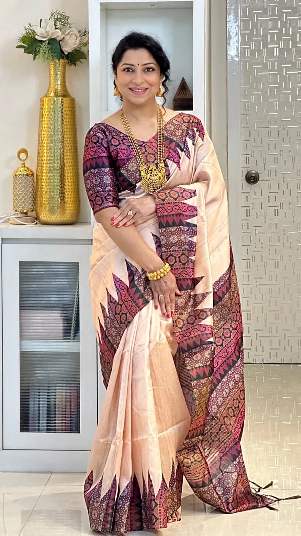 SOFT TUSSAR SILK SAREE WITH BEAUTIFUL PRINT WITH ATTRACTIVE PALLU AND CONTRAST PALLU  WITH TASSAL