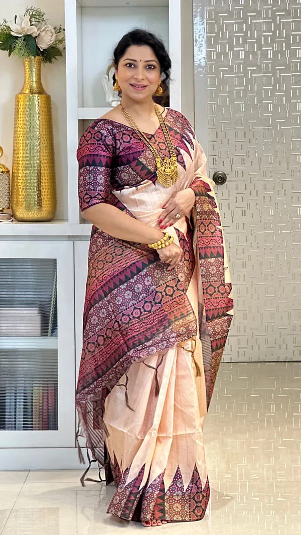 SOFT TUSSAR SILK SAREE WITH BEAUTIFUL PRINT WITH ATTRACTIVE PALLU AND CONTRAST PALLU  WITH TASSAL