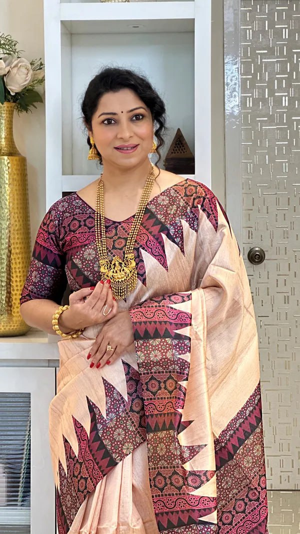 SOFT TUSSAR SILK SAREE WITH BEAUTIFUL PRINT WITH ATTRACTIVE PALLU AND CONTRAST PALLU  WITH TASSAL