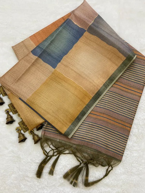 SOFT TUSSAR SILK SAREE WITH BEAUTIFUL PRINT WITH ATTRACTIVE PALLU AND CONTRAST PALLU  WITH TASSAL