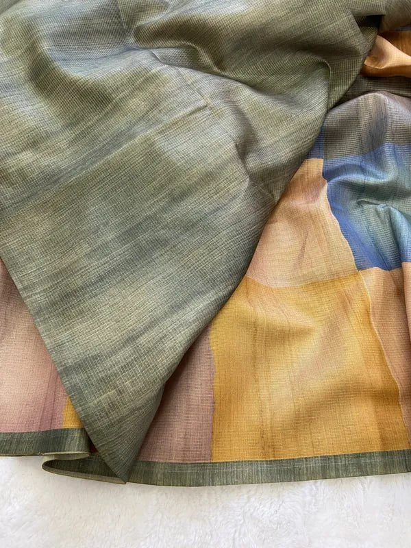 SOFT TUSSAR SILK SAREE WITH BEAUTIFUL PRINT WITH ATTRACTIVE PALLU AND CONTRAST PALLU  WITH TASSAL