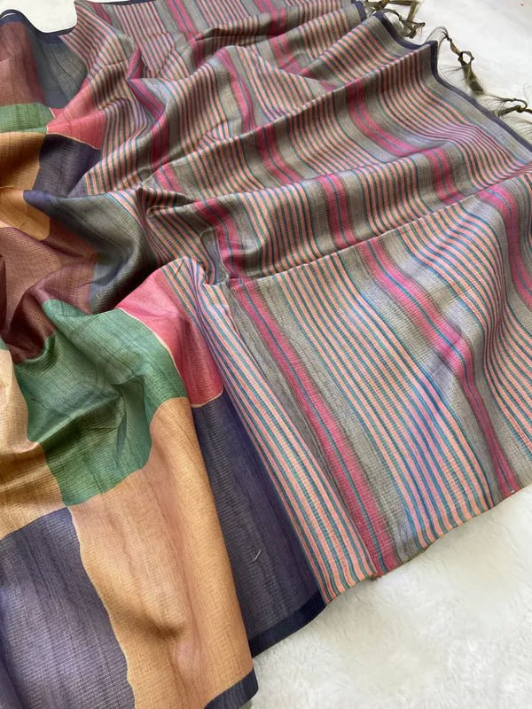 SOFT TUSSAR SILK SAREE WITH BEAUTIFUL PRINT WITH ATTRACTIVE PALLU AND CONTRAST PALLU  WITH TASSAL