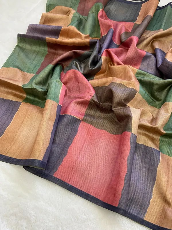 SOFT TUSSAR SILK SAREE WITH BEAUTIFUL PRINT WITH ATTRACTIVE PALLU AND CONTRAST PALLU  WITH TASSAL