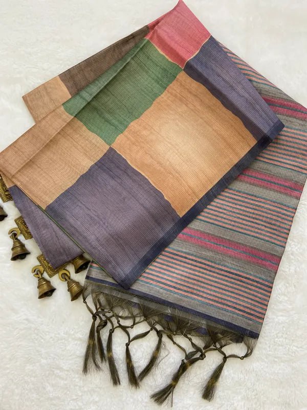 SOFT TUSSAR SILK SAREE WITH BEAUTIFUL PRINT WITH ATTRACTIVE PALLU AND CONTRAST PALLU  WITH TASSAL