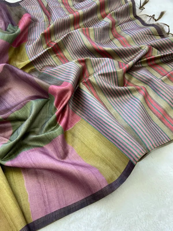 SOFT TUSSAR SILK SAREE WITH BEAUTIFUL PRINT WITH ATTRACTIVE PALLU AND CONTRAST PALLU  WITH TASSAL