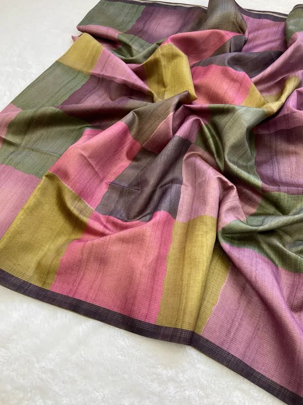 SOFT TUSSAR SILK SAREE WITH BEAUTIFUL PRINT WITH ATTRACTIVE PALLU AND CONTRAST PALLU  WITH TASSAL