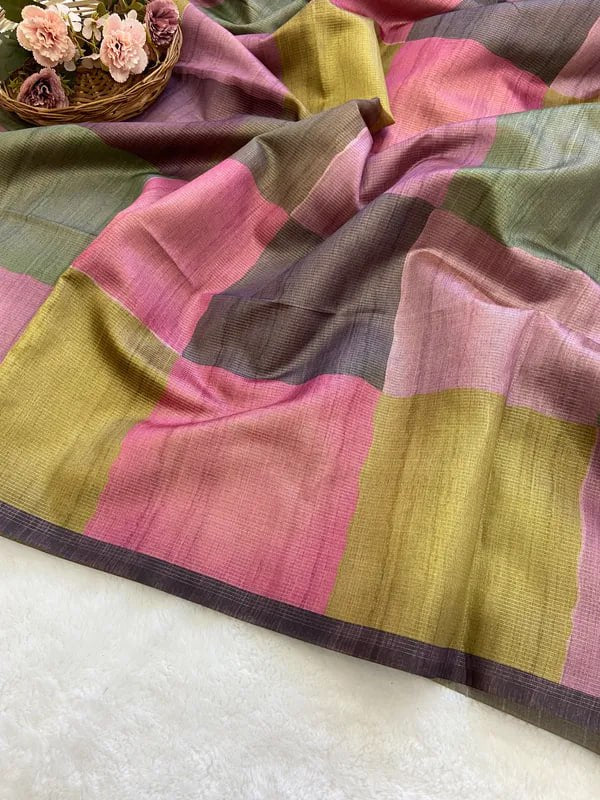 SOFT TUSSAR SILK SAREE WITH BEAUTIFUL PRINT WITH ATTRACTIVE PALLU AND CONTRAST PALLU  WITH TASSAL
