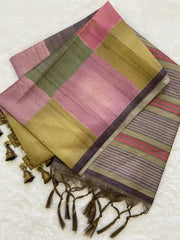 SOFT TUSSAR SILK SAREE WITH BEAUTIFUL PRINT WITH ATTRACTIVE PALLU AND CONTRAST PALLU  WITH TASSAL