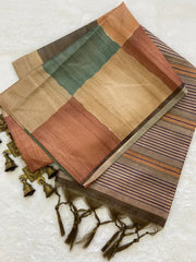 SOFT TUSSAR SILK SAREE WITH BEAUTIFUL PRINT WITH ATTRACTIVE PALLU AND CONTRAST PALLU  WITH TASSAL