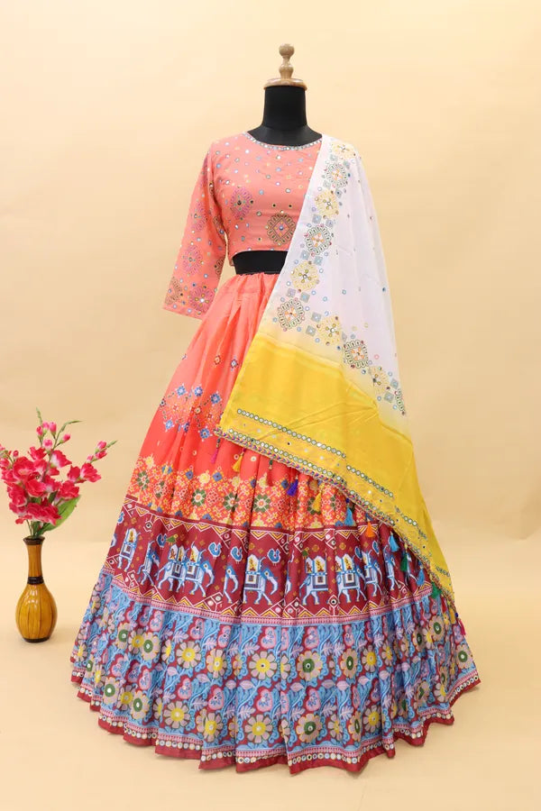 Peach Lehenga Choli With Mirror Work And Attached White Dupatta
