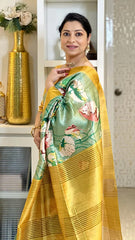 SOFT TUSSAR SILK SAREE WITH BEAUTIFUL PRINT WITH ATTRACTIVE PALLU AND CONTRAST PALLU  WITH TASSAL