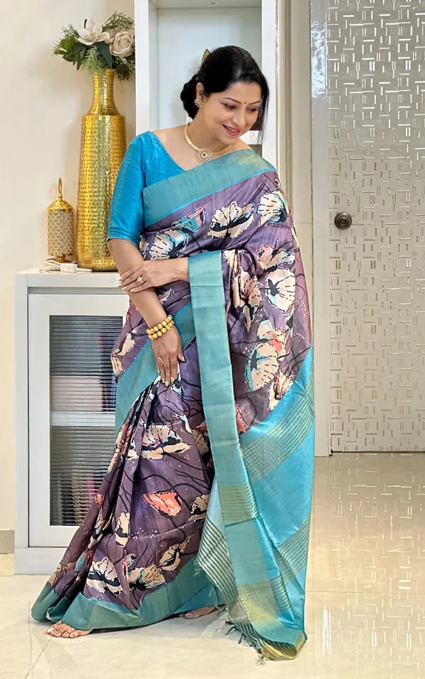 SOFT TUSSAR SILK SAREE WITH BEAUTIFUL PRINT WITH ATTRACTIVE PALLU AND CONTRAST PALLU  WITH TASSAL