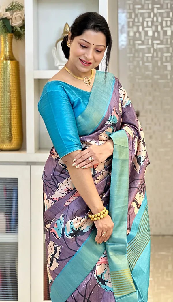 SOFT TUSSAR SILK SAREE WITH BEAUTIFUL PRINT WITH ATTRACTIVE PALLU AND CONTRAST PALLU  WITH TASSAL