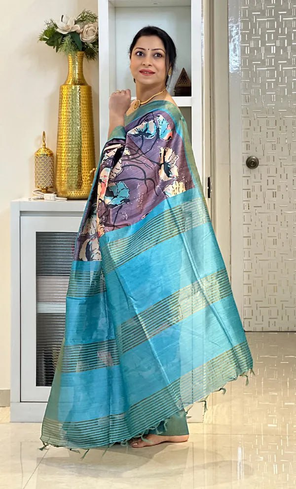SOFT TUSSAR SILK SAREE WITH BEAUTIFUL PRINT WITH ATTRACTIVE PALLU AND CONTRAST PALLU  WITH TASSAL