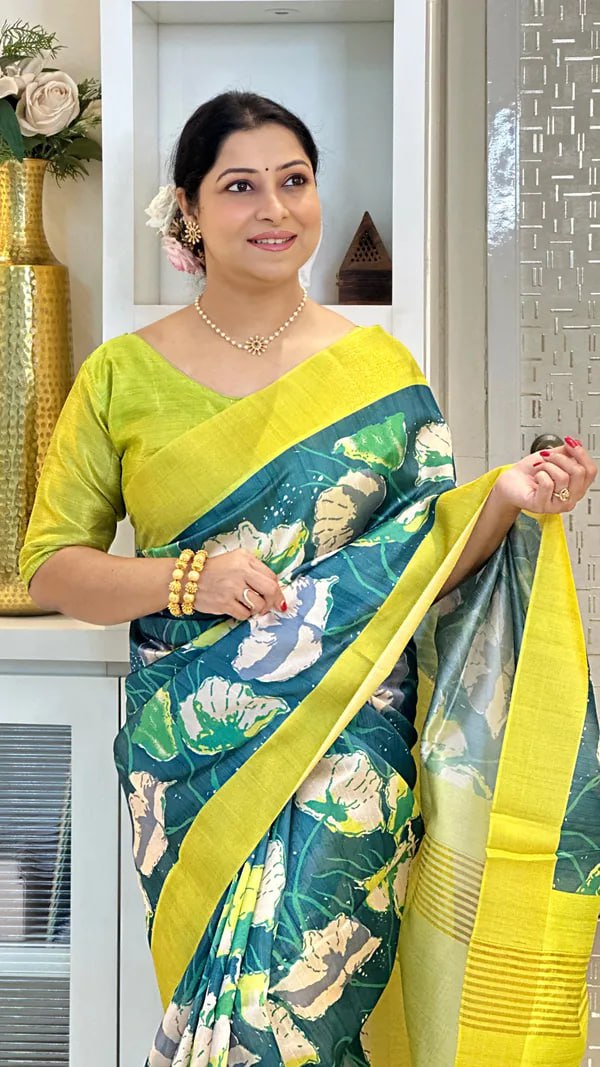 SOFT TUSSAR SILK SAREE WITH BEAUTIFUL PRINT WITH ATTRACTIVE PALLU AND CONTRAST PALLU  WITH TASSAL