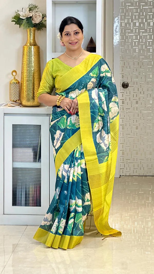 SOFT TUSSAR SILK SAREE WITH BEAUTIFUL PRINT WITH ATTRACTIVE PALLU AND CONTRAST PALLU  WITH TASSAL