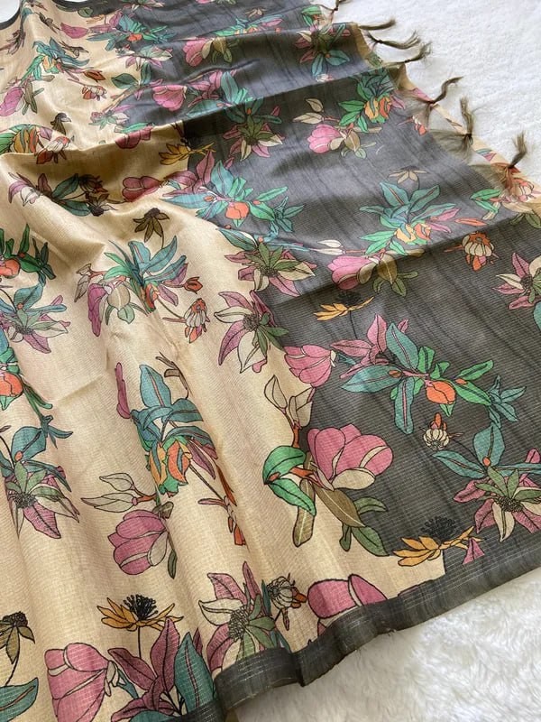 SOFT TUSSAR SILK SAREE WITH BEAUTIFUL PRINT WITH ATTRACTIVE PALLU AND CONTRAST PALLU  WITH TASSAL