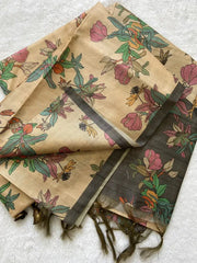 SOFT TUSSAR SILK SAREE WITH BEAUTIFUL PRINT WITH ATTRACTIVE PALLU AND CONTRAST PALLU  WITH TASSAL