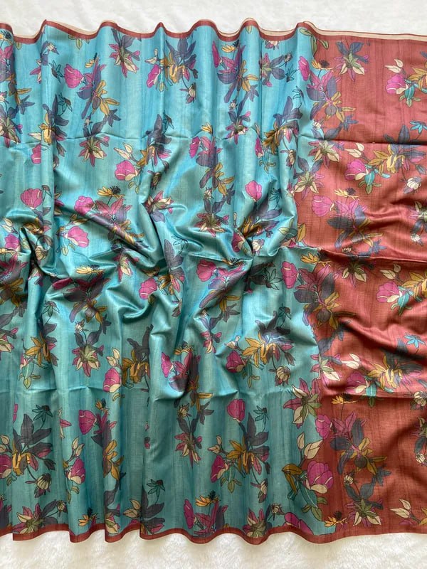 SOFT TUSSAR SILK SAREE WITH BEAUTIFUL PRINT WITH ATTRACTIVE PALLU AND CONTRAST PALLU  WITH TASSAL