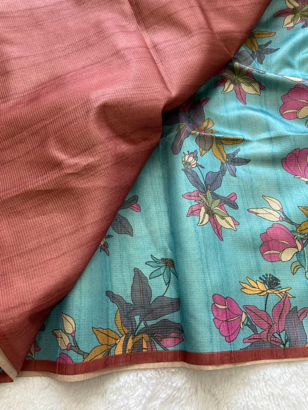 SOFT TUSSAR SILK SAREE WITH BEAUTIFUL PRINT WITH ATTRACTIVE PALLU AND CONTRAST PALLU  WITH TASSAL