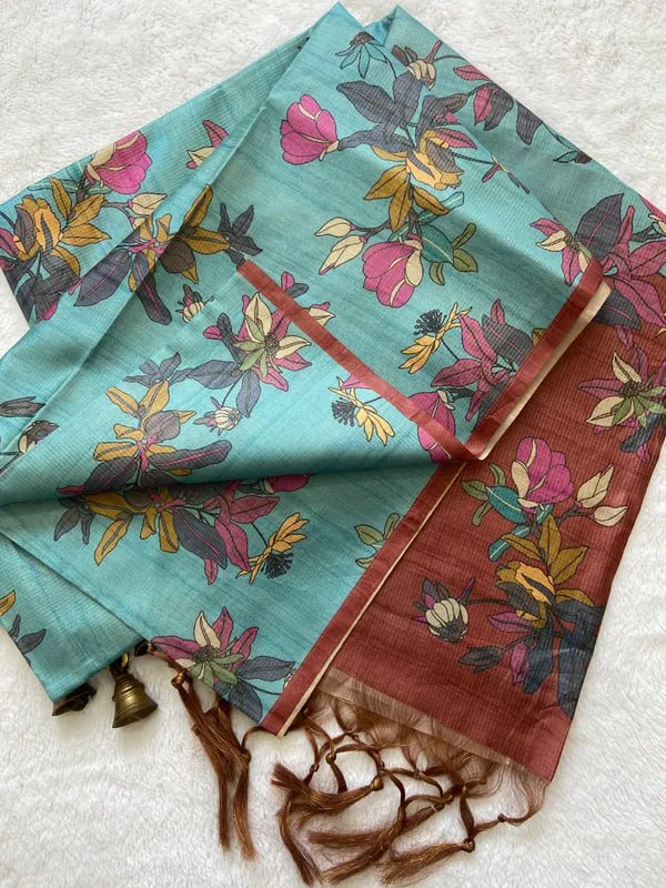 SOFT TUSSAR SILK SAREE WITH BEAUTIFUL PRINT WITH ATTRACTIVE PALLU AND CONTRAST PALLU  WITH TASSAL