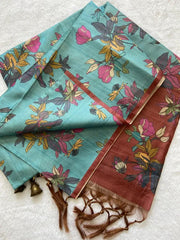 SOFT TUSSAR SILK SAREE WITH BEAUTIFUL PRINT WITH ATTRACTIVE PALLU AND CONTRAST PALLU  WITH TASSAL
