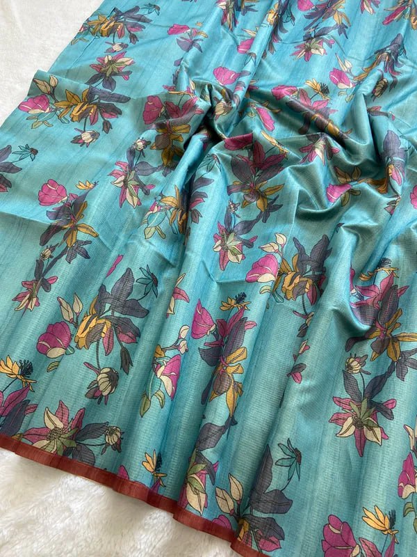 SOFT TUSSAR SILK SAREE WITH BEAUTIFUL PRINT WITH ATTRACTIVE PALLU AND CONTRAST PALLU  WITH TASSAL