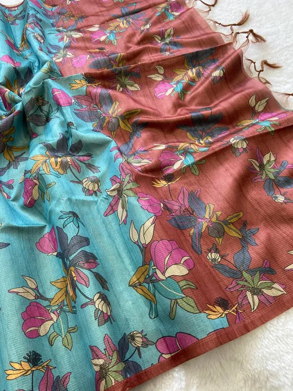 SOFT TUSSAR SILK SAREE WITH BEAUTIFUL PRINT WITH ATTRACTIVE PALLU AND CONTRAST PALLU  WITH TASSAL