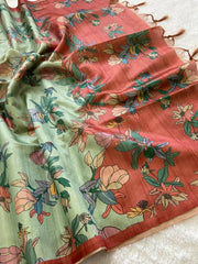 SOFT TUSSAR SILK SAREE WITH BEAUTIFUL PRINT WITH ATTRACTIVE PALLU AND CONTRAST PALLU  WITH TASSAL
