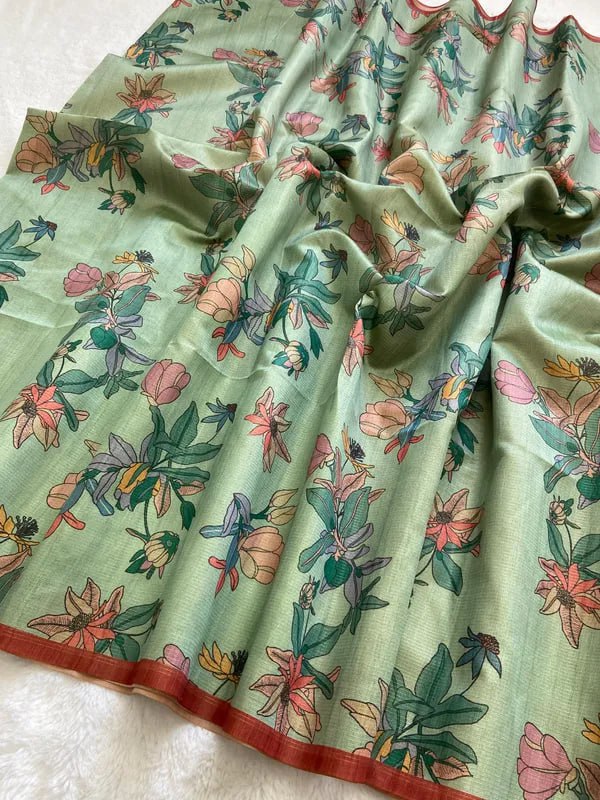 SOFT TUSSAR SILK SAREE WITH BEAUTIFUL PRINT WITH ATTRACTIVE PALLU AND CONTRAST PALLU  WITH TASSAL