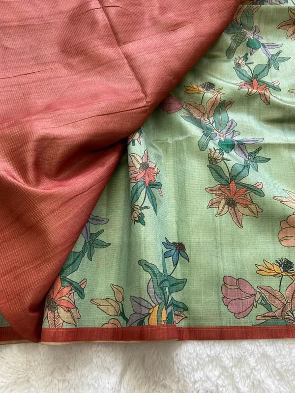 SOFT TUSSAR SILK SAREE WITH BEAUTIFUL PRINT WITH ATTRACTIVE PALLU AND CONTRAST PALLU  WITH TASSAL