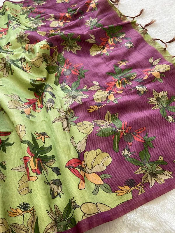 SOFT TUSSAR SILK SAREE WITH BEAUTIFUL PRINT WITH ATTRACTIVE PALLU AND CONTRAST PALLU  WITH TASSAL