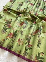 SOFT TUSSAR SILK SAREE WITH BEAUTIFUL PRINT WITH ATTRACTIVE PALLU AND CONTRAST PALLU  WITH TASSAL