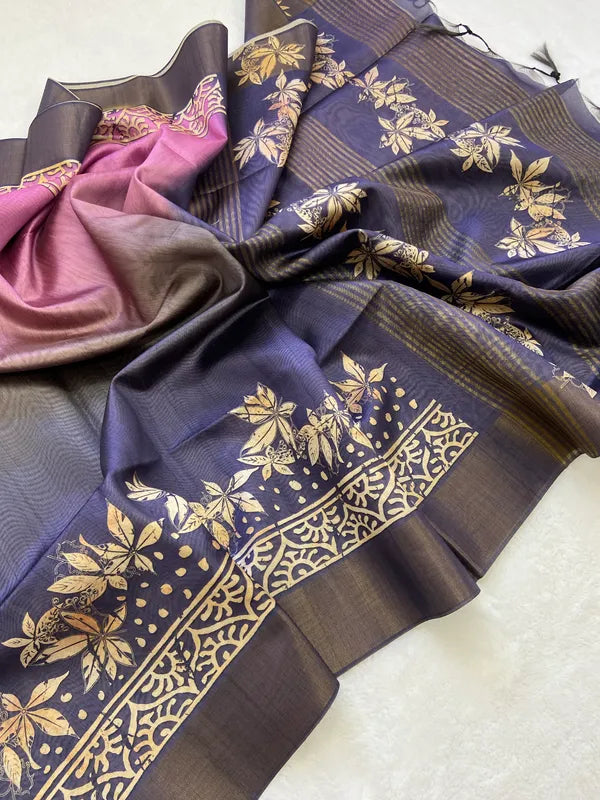 SOFT TUSSAR SILK SAREE WITH BEAUTIFUL PRINT WITH ATTRACTIVE PALLU AND CONTRAST PALLU  WITH TASSAL