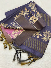 SOFT TUSSAR SILK SAREE WITH BEAUTIFUL PRINT WITH ATTRACTIVE PALLU AND CONTRAST PALLU  WITH TASSAL