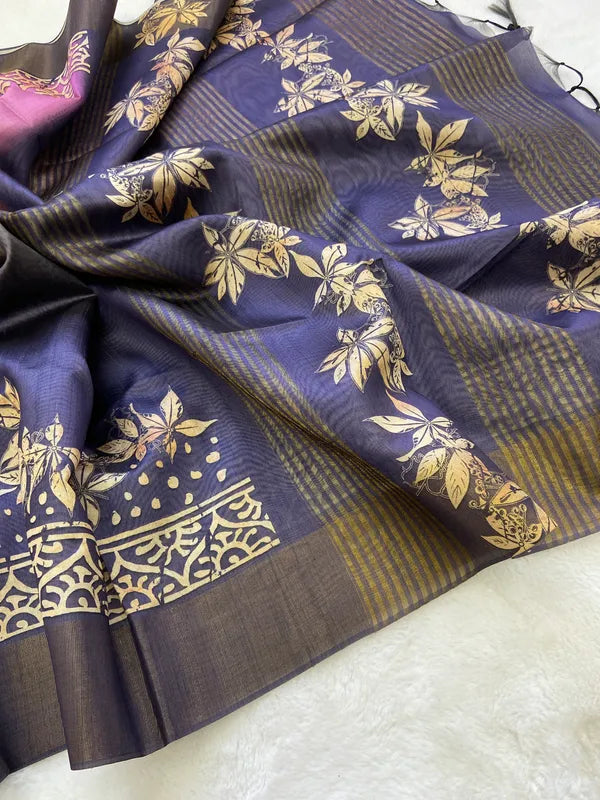 SOFT TUSSAR SILK SAREE WITH BEAUTIFUL PRINT WITH ATTRACTIVE PALLU AND CONTRAST PALLU  WITH TASSAL