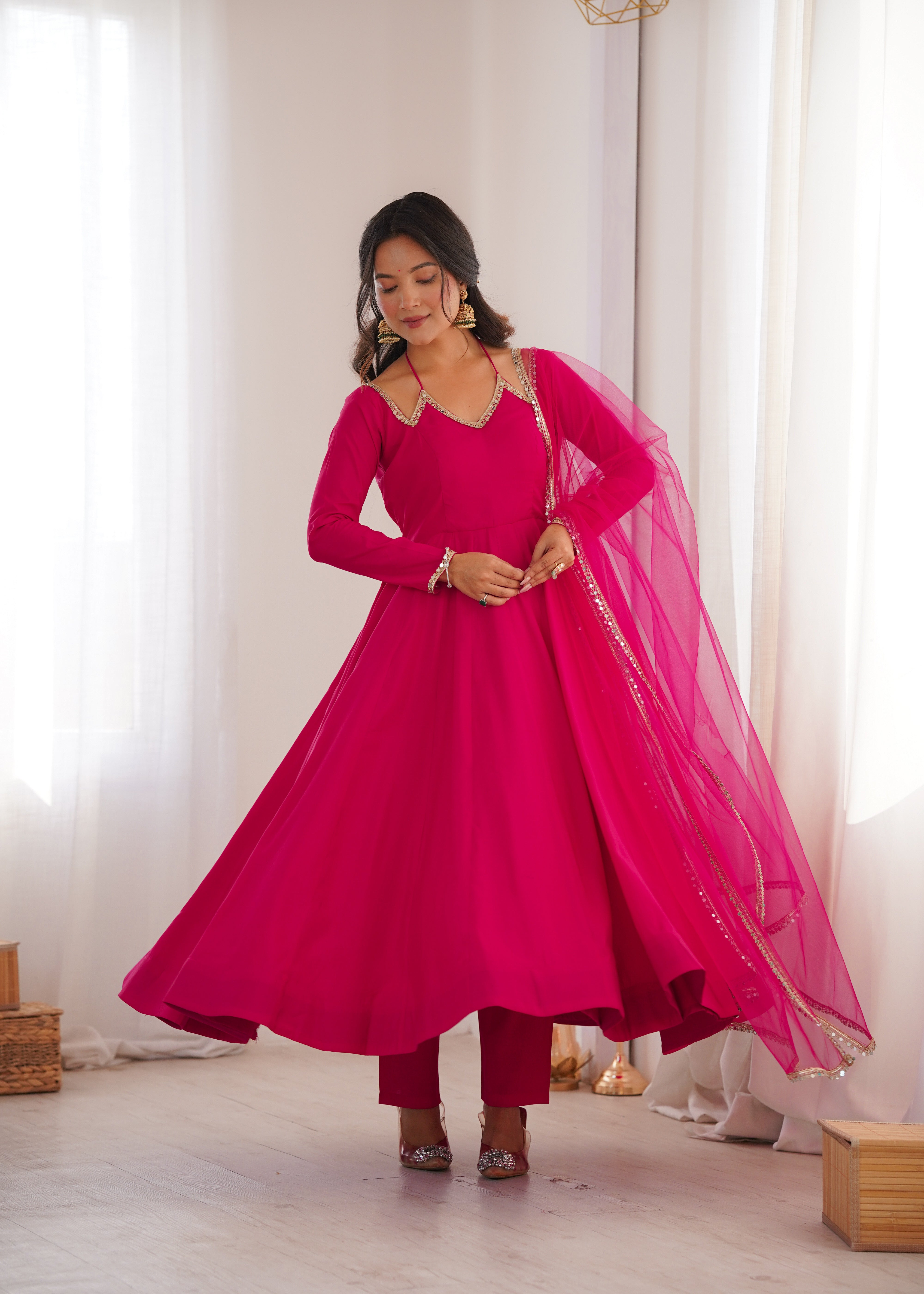 PREMIUM QUALITY HEAVY PURE ROMANSILK CHANDERI FABRIC ANARKALI GOWN