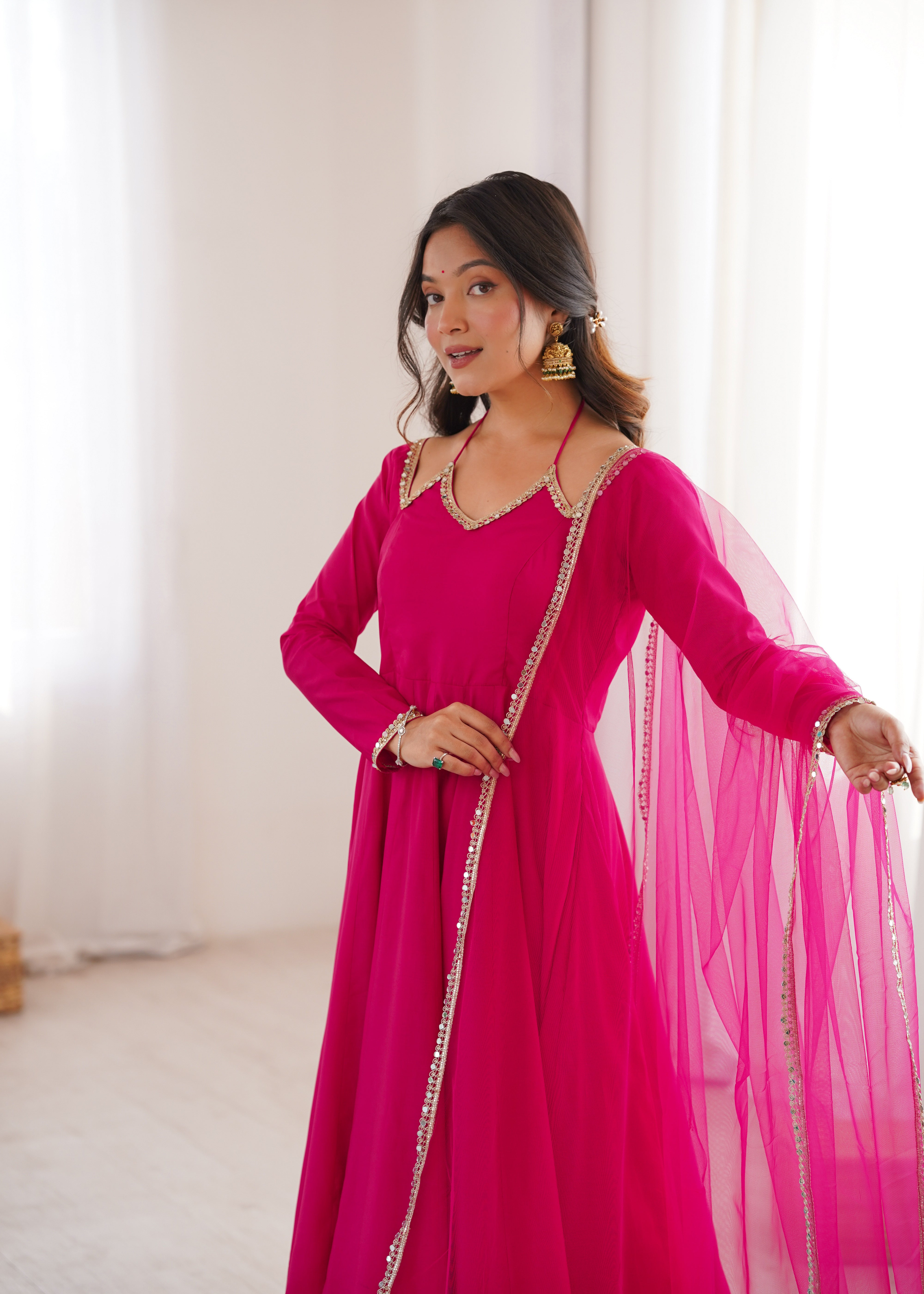 PREMIUM QUALITY HEAVY PURE ROMANSILK CHANDERI FABRIC ANARKALI GOWN