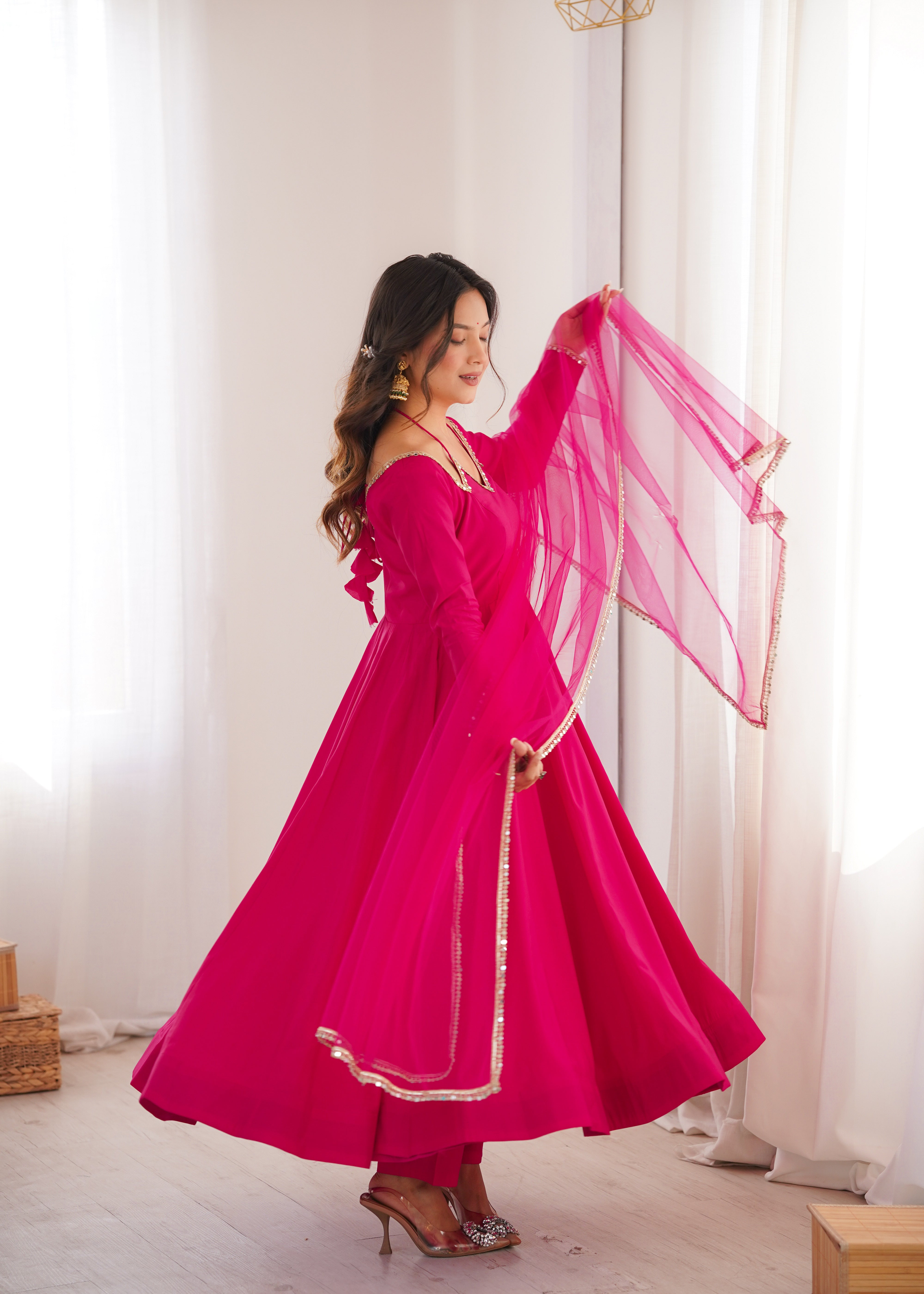 PREMIUM QUALITY HEAVY PURE ROMANSILK CHANDERI FABRIC ANARKALI GOWN